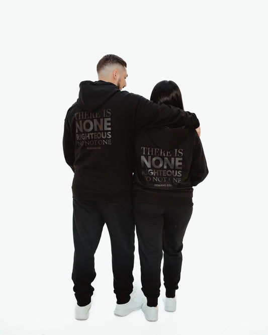 Romans 3:10 Black on Black Hoodie